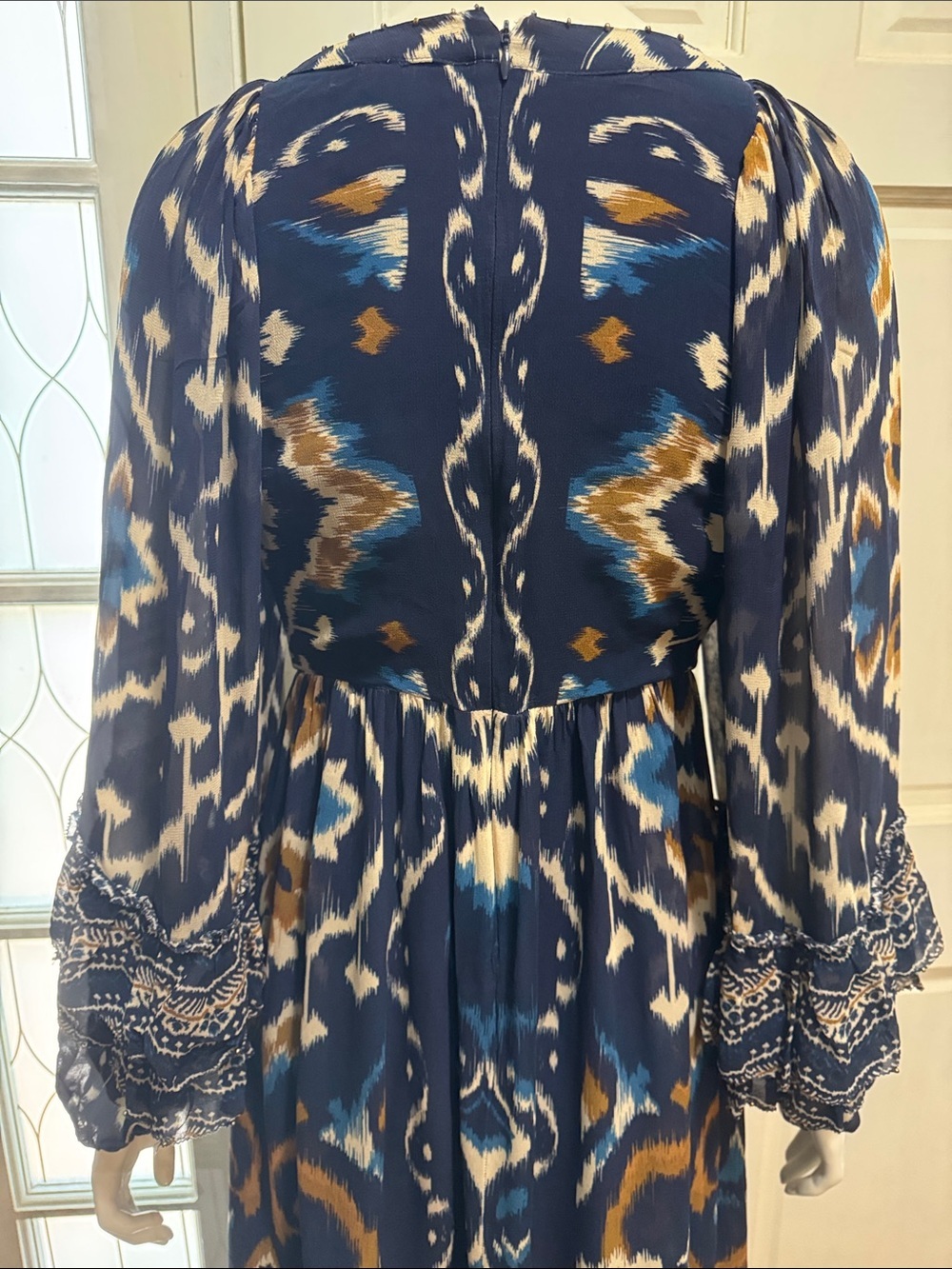 FARM Rio Pineapple Blue Ikat Maxi Dress Boho Long Sleeve Altered Length Small - Picture 12 of 16